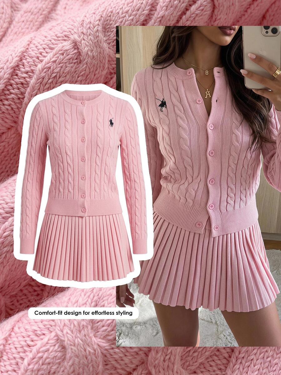 Comfortcana Setelan 2 Potong Cardigan & Rok Rajut Kabel Wanita Warna Pink Gaya Y2K - Berwarna merah muda - View 1