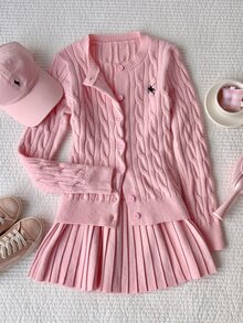 Comfortcana Setelan 2 Potong Cardigan & Rok Rajut Kabel Wanita Warna Pink Gaya Y2K - Berwarna merah muda - View 6