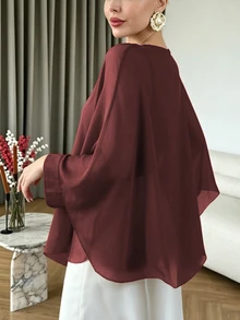 Modelyn 大尺碼女款不對稱下擺雪紡飄逸蝙蝠袖寬鬆襯衫，可單穿或疊穿，優雅 - 酒紅色 - 查看 2