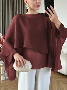 Modelyn 大尺碼女款不對稱下擺雪紡飄逸蝙蝠袖寬鬆襯衫，可單穿或疊穿，優雅 - 酒紅色 - 查看 3