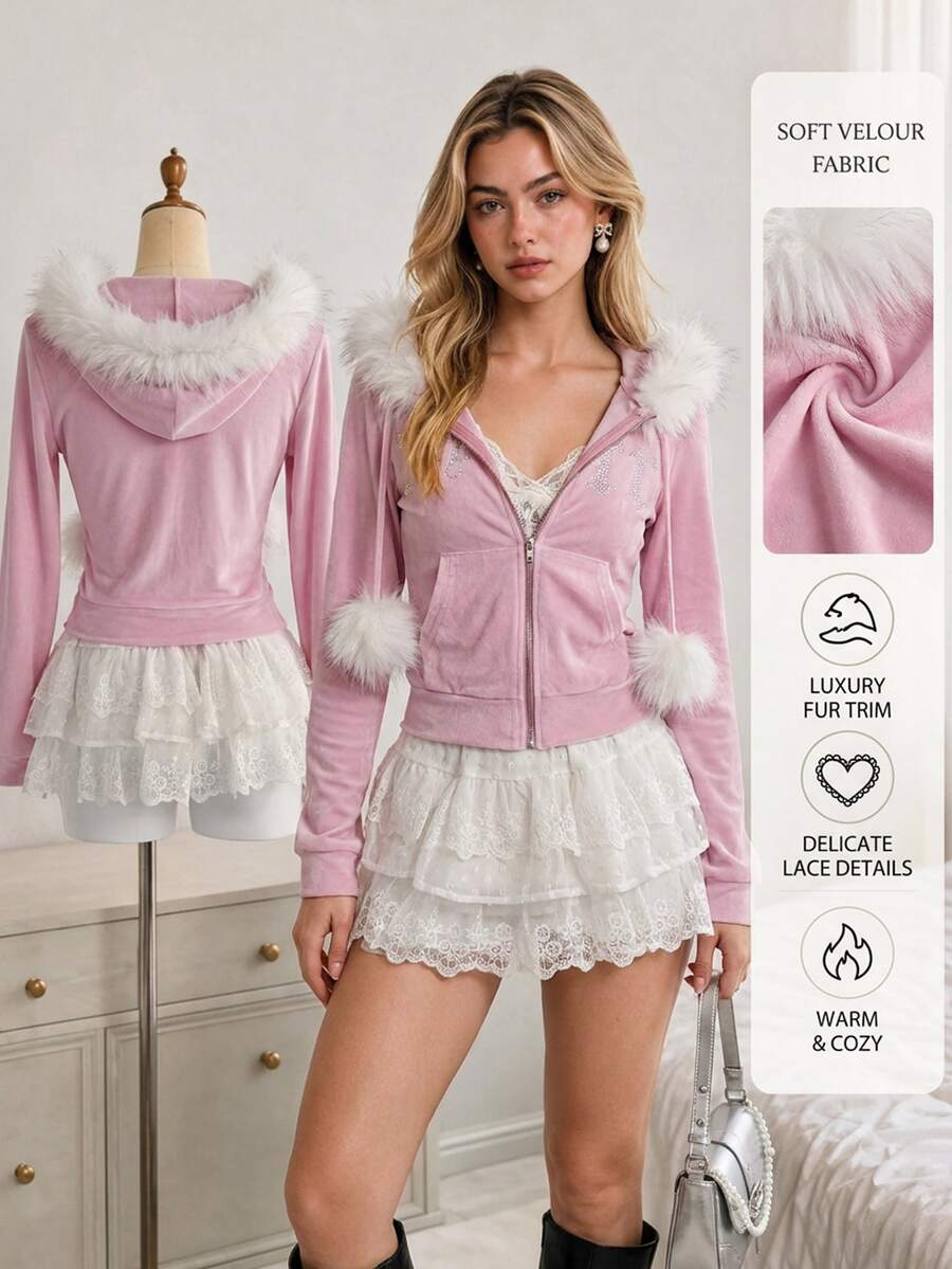 Elamini Women's Rhinestone & Pom Pom Decor Fur Collar Zipper Front Hooded Long Sleeve Sweatshirt - Mauve Purple - View 1