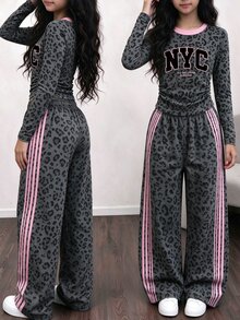 Tween Girls NYC Charcoal Leopard Print Long Sleeve Top & Wide Leg Pants Set, Stylish Casual Outfit, Fall Winter (2 Pcs) - Multicolor - View 3