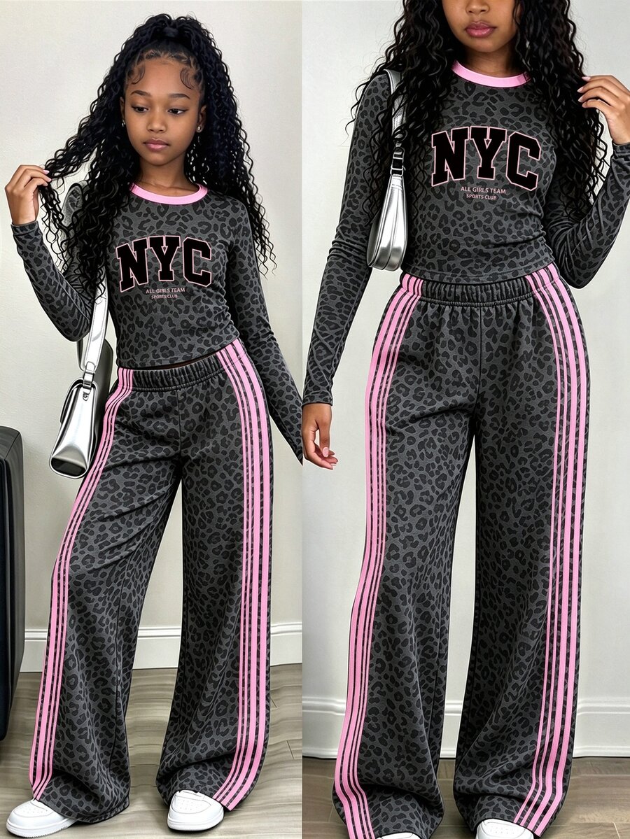 Tween Girls NYC Charcoal Leopard Print Long Sleeve Top & Wide Leg Pants Set, Stylish Casual Outfit, Fall Winter (2 Pcs) - Multicolor - View 1