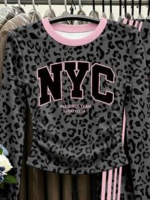 Tween Girls NYC Charcoal Leopard Print Long Sleeve Top & Wide Leg Pants Set, Stylish Casual Outfit, Fall Winter (2 Pcs) - Multicolor - View 5