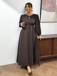 SHEIN Frenchy Plus Size Minimalist Versatile Tie-Front Long Sleeve Dress For Office And Commute - Brown - View 10