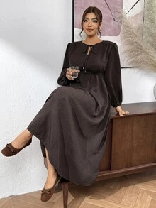 SHEIN Frenchy Plus Size Minimalist Versatile Tie-Front Long Sleeve Dress For Office And Commute - Brown - View 5