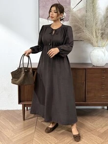 SHEIN Frenchy Plus Size Minimalist Versatile Tie-Front Long Sleeve Dress For Office And Commute - Brown - View 6