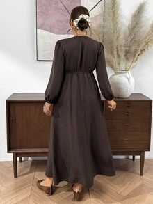 SHEIN Frenchy Plus Size Minimalist Versatile Tie-Front Long Sleeve Dress For Office And Commute - Brown - View 4