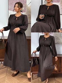 SHEIN Frenchy Plus Size Minimalist Versatile Tie-Front Long Sleeve Dress For Office And Commute - Brown - View 2