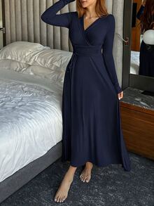 DAZY Women's Autumn/Winter Pleated Design Knit Draped Waist Dress, Loungewear Pajamas - Navy Blue - View 4