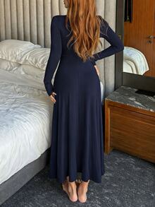 DAZY Women's Autumn/Winter Pleated Design Knit Draped Waist Dress, Loungewear Pajamas - Navy Blue - View 2
