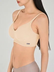DAZY Sujetador inalámbrico con detalle de parche con letra, ropa interior para mujeres de vuelta al colegio - Albaricoque - Ver 4