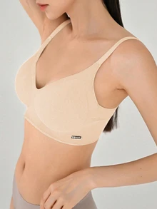 DAZY Sujetador inalámbrico con detalle de parche con letra, ropa interior para mujeres de vuelta al colegio - Albaricoque - Ver 5