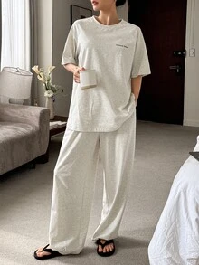 DAZY 2件套女士舒适柔软字母印花家居服套装睡衣 - 灰色 - 查看 3