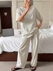 DAZY 2件套女士舒适柔软字母印花家居服套装睡衣 - 灰色 - 查看 6