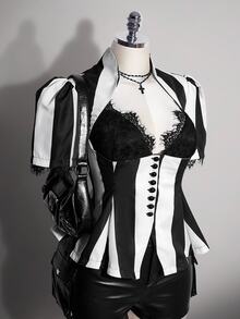 SHEIN ICON 女款大尺碼秋冬復古性感千禧風Y2K優雅哥德風萬聖節套裝 黑白條紋蕾絲泡泡袖上衣 - 黑與白 - 查看 5