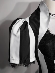 SHEIN ICON 女款大尺碼秋冬復古性感千禧風Y2K優雅哥德風萬聖節套裝 黑白條紋蕾絲泡泡袖上衣 - 黑與白 - 查看 8