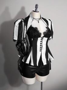 SHEIN ICON 女款大尺碼秋冬復古性感千禧風Y2K優雅哥德風萬聖節套裝 黑白條紋蕾絲泡泡袖上衣 - 黑與白 - 查看 6
