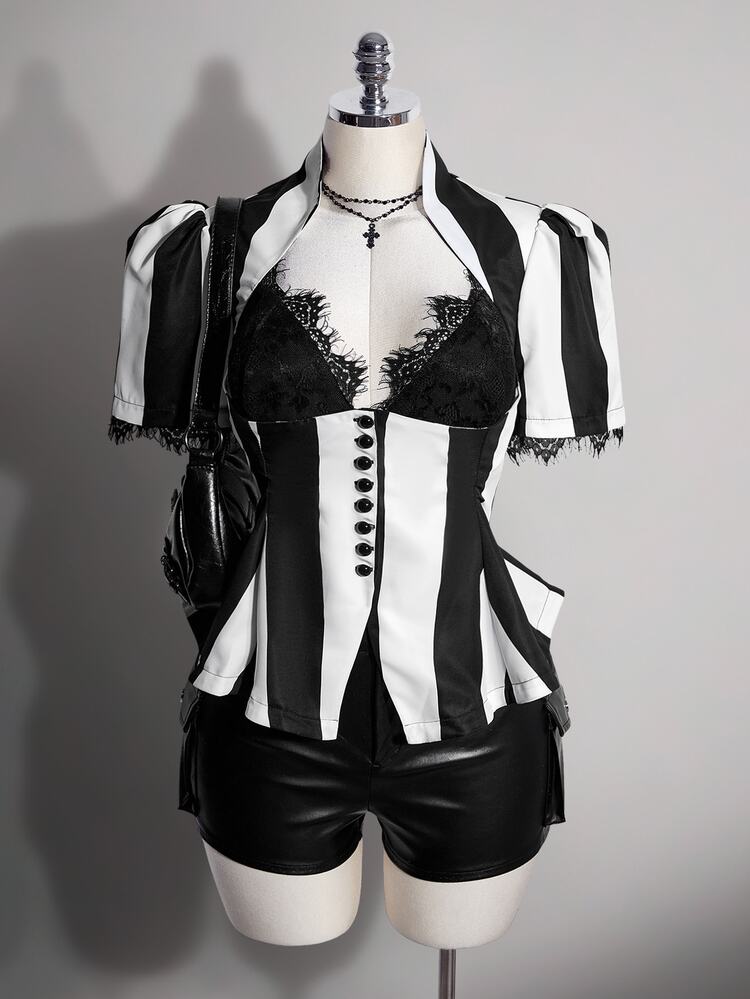 SHEIN ICON Women's Plus Size Autumn/Winter Retro Sexy Millennial Style Y2K Elegant Gothic Style Halloween Outfit Black And White Striped Lace Puff Sleeve Top - Black and White - View 3