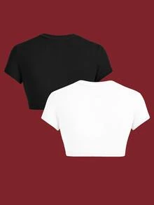 SHEIN ICON Two-Piece Set Casual Simple Basic Minimalist Slim-Fit Super Short Sleeve T-Shirt, Suitable For Summer Everyday Home Daily Wear Black White Everyday - Multicolor - View 3