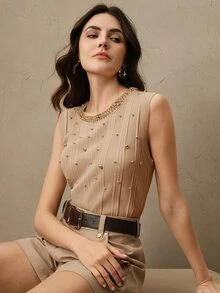 Anewsta Women's Elegant Modern Sleeveless Beaded Knit Tank Top, Suitable For Spring, Summer, Festivals, Graduation - Apricot - View 5