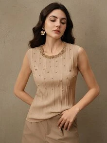 Anewsta Women's Elegant Modern Sleeveless Beaded Knit Tank Top, Suitable For Spring, Summer, Festivals, Graduation - Apricot - View 6