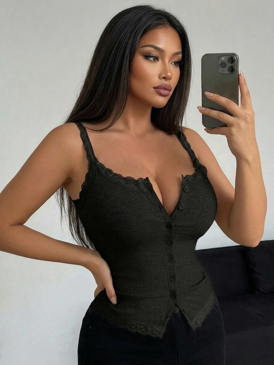 Dazy Plus Plus Size Women Contrast Lace Elastic Tight Camisole Top, Spring/Summer Vacation - Black - View 1
