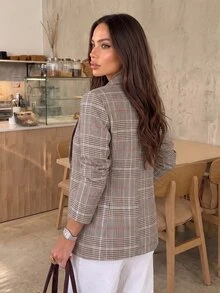 SHEIN Women's Fall Winter Plaid Fake Pocket Shawl Collar Long Sleeve Blazer Office Grey Plaid Autumn Smart Casual Vintage - Multicolor - View 2