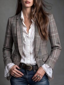 SHEIN Women's Fall Winter Plaid Fake Pocket Shawl Collar Long Sleeve Blazer Office Grey Plaid Autumn Smart Casual Vintage - Multicolor - View 1
