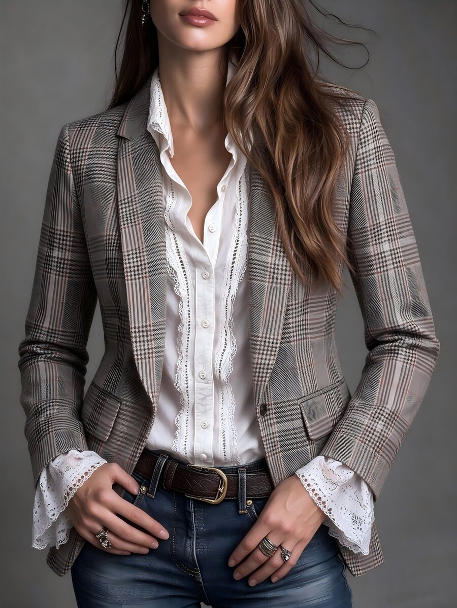 SHEIN Women's Fall Winter Plaid Fake Pocket Shawl Collar Long Sleeve Blazer Office Grey Plaid Autumn Smart Casual Vintage - Multicolor - View 1