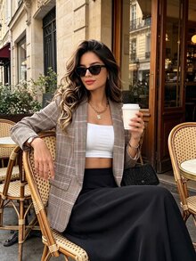 SHEIN Women's Fall Winter Plaid Fake Pocket Shawl Collar Long Sleeve Blazer Office Grey Plaid Autumn Smart Casual Vintage - Multicolor - View 5