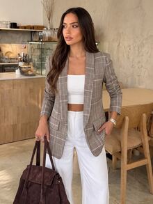 SHEIN Women's Fall Winter Plaid Fake Pocket Shawl Collar Long Sleeve Blazer Office Grey Plaid Autumn Smart Casual Vintage - Multicolor - View 7