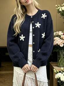 Cévolie Women's Applique Decor Long Sleeve Single-Breasted Knit Cardigan - Blue - View 4