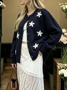 Cévolie Women's Applique Decor Long Sleeve Single-Breasted Knit Cardigan - Blue - View 3