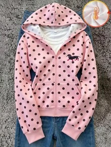 Tween Girls Pink Polka Dot Puppy Hoodie Autumn Winter Warm Fleece Lined Zip Up Sweatshirt Jacket - Multicolor - View 2