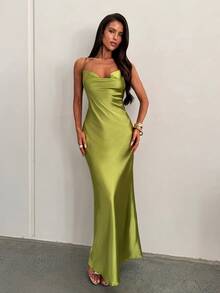 Aloruh Women's Autumn/Winter Party Green Backless Tassel Decor Cowl Neck Satin Dress - Green - View 5