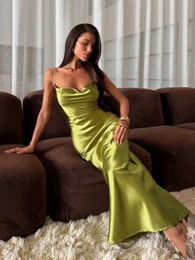 Aloruh Women's Autumn/Winter Party Green Backless Tassel Decor Cowl Neck Satin Dress - Green - View 3