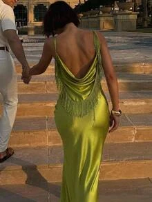 Aloruh Women's Autumn/Winter Party Green Backless Tassel Decor Cowl Neck Satin Dress - Green - View 2