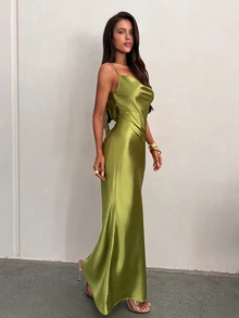 Aloruh Women's Autumn/Winter Party Green Backless Tassel Decor Cowl Neck Satin Dress - Green - View 6