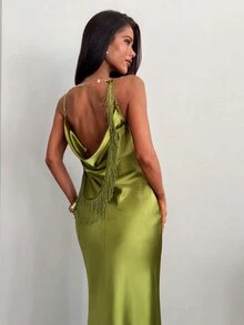 Aloruh Women's Autumn/Winter Party Green Backless Tassel Decor Cowl Neck Satin Dress - Green - View 7