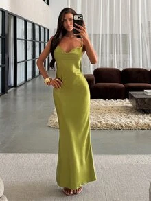 Aloruh Women's Autumn/Winter Party Green Backless Tassel Decor Cowl Neck Satin Dress - Green - View 4