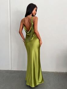 Aloruh Women's Autumn/Winter Party Green Backless Tassel Decor Cowl Neck Satin Dress - Green - View 8