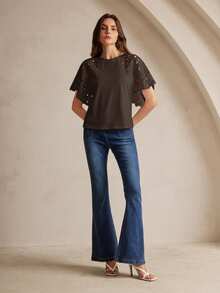 Anewsta Essential Camiseta de moda con mangas cortas y diseño hueco de unicolor elegante para mujer - Café integral - Ver 5