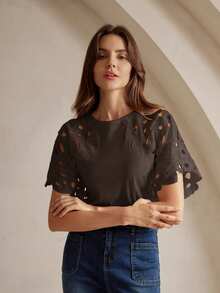 Anewsta Essential Camiseta de moda con mangas cortas y diseño hueco de unicolor elegante para mujer - Café integral - Ver 7