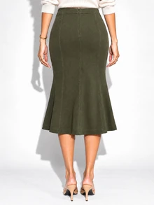 Zerodot Women Green Suede Midi Skirt Casual Daily Fall Pre Fall - Dark Green - View 2