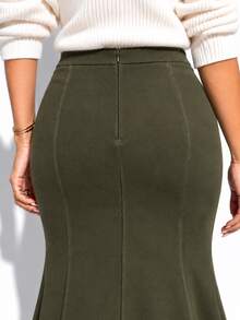 Zerodot Women Green Suede Midi Skirt Casual Daily Fall Pre Fall - Dark Green - View 4