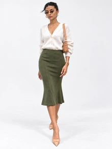 Zerodot Women Green Suede Midi Skirt Casual Daily Fall Pre Fall - Dark Green - View 8