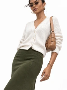 Zerodot Women Green Suede Midi Skirt Casual Daily Fall Pre Fall - Dark Green - View 7