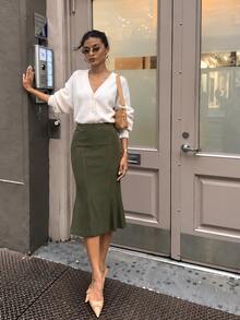Zerodot Women Green Suede Midi Skirt Casual Daily Fall Pre Fall - Dark Green - View 1