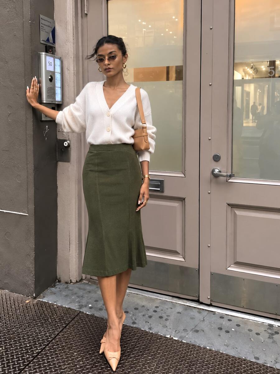 Zerodot Women Green Suede Midi Skirt Casual Daily Fall Pre Fall - Dark Green - View 1